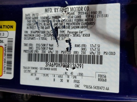 2013 Ford Fusion SE with VIN 3FA6P0H73DR126291, listed as a Copart auction lot 53691525 with 208,879 mi miles and Salvage Title. Bid and sale history available at carsss.com. Image 12.