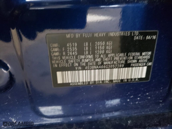 2016 Subaru Legacy 2.5i with VIN 4S3BNAA66G3052289, listed as a Copart auction lot 46300525 with 162,672 mi miles and Salvage Title. Bid and sale history available at carsss.com. Image 15.