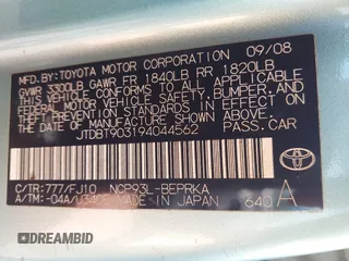 2009 Toyota Yaris with VIN JTDBT903194044562, listed as a IAAI auction lot 41538503 with 207,297 mi miles and . Bid and sale history available at DreamBid. Image 9.