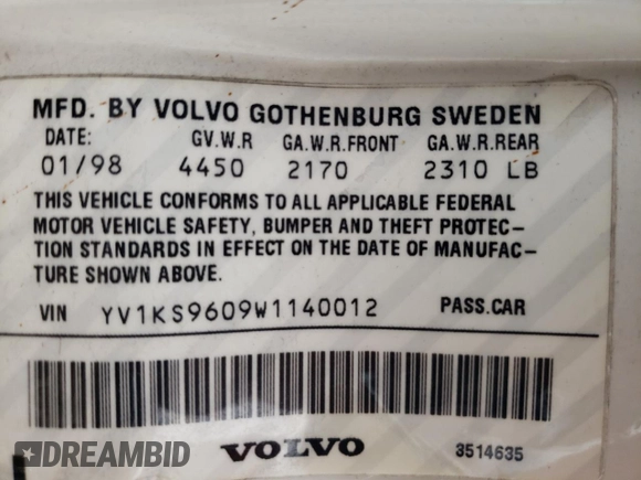 1998 Volvo S90 z VIN YV1KS9609W1140012, wystawiony jako Copart lot #69589044 z przebiegiem 175 864 mil mil oraz Szkoda całkowita • Salvage title. Historia ofert i sprzedaży dostępna na DreamBid. Obrazek 12.