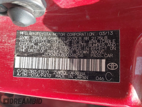 2013 Toyota Prius One z VIN JTDKN3DU8D0348756, wystawiony jako IAAI lot #42485675 z przebiegiem 199 373 mil mil oraz . Historia ofert i sprzedaży dostępna na DreamBid. Obrazek 9.
