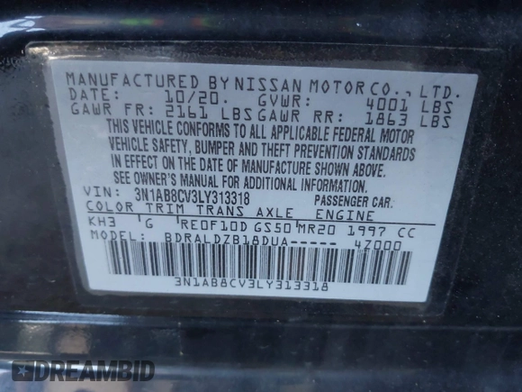 2020 Nissan Sentra SV with VIN 3N1AB8CV3LY313318, listed as a IAAI auction lot 42561962 with 25,836 mi miles and . Bid and sale history available at DreamBid. Image 9.