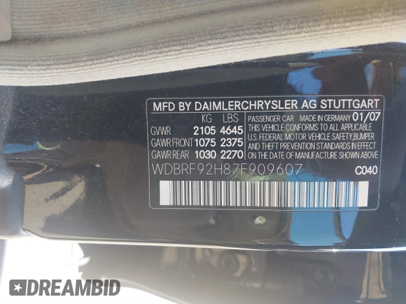 2007 Mercedes-Benz C 280 Luxury with VIN WDBRF92H87F909607, listed as a IAAI auction lot 41808604 with 235,520 mi miles and . Bid and sale history available at DreamBid. Image 9.