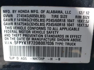 2013 Honda Ridgeline Sport with VIN 5FPYK1F72DB007036, listed as a IAAI auction lot 41846541 with 133,391 mi miles. Bid and sale history available at carsss.com. Image 9.