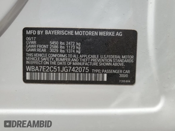 2018 BMW 7 Series 740i with VIN WBA7E2C51JG742075, listed as a Copart auction lot 65057923 with 0 mi miles. Bid and sale history available at carsss.com. Image 12.