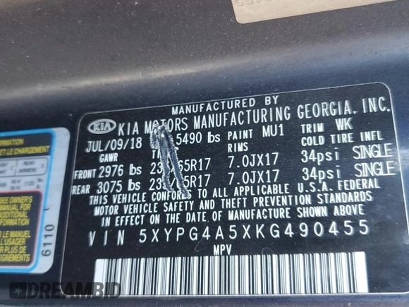 2019 Kia Sorento LX z VIN 5XYPG4A5XKG490455, wystawiony jako Copart lot #57693815 z przebiegiem Nie podano mil oraz Nie do naprawy • Non repairable. Historia ofert i sprzedaży dostępna na DreamBid. Obrazek 13.
