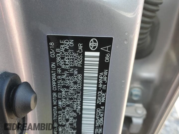 2018 Toyota C-HR XLE with VIN JTNKHMBX4J1003588, listed as a Copart auction lot 56021405 with 34,416 mi miles and Salvage title. Bid and sale history available at DreamBid. Image 14.