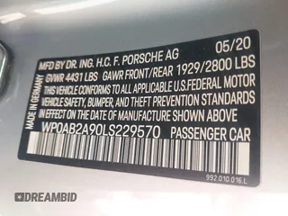 2020 Porsche 911 Carrera S z VIN WP0AB2A90LS229570, wystawiony jako IAAI lot #42242278 z przebiegiem 15 967 mil mil oraz . Historia ofert i sprzedaży dostępna na DreamBid. Obrazek 9.