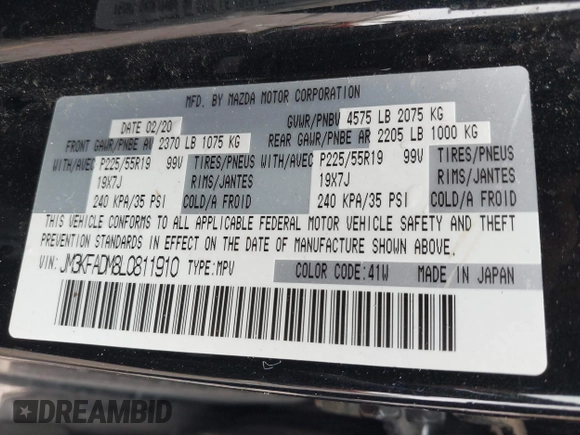 2020 Mazda CX-5 Grand Touring with VIN JM3KFADM8L0811910, listed as a IAAI auction lot 41446214 with 57,849 mi miles. Bid and sale history available at carsss.com. Image 9.