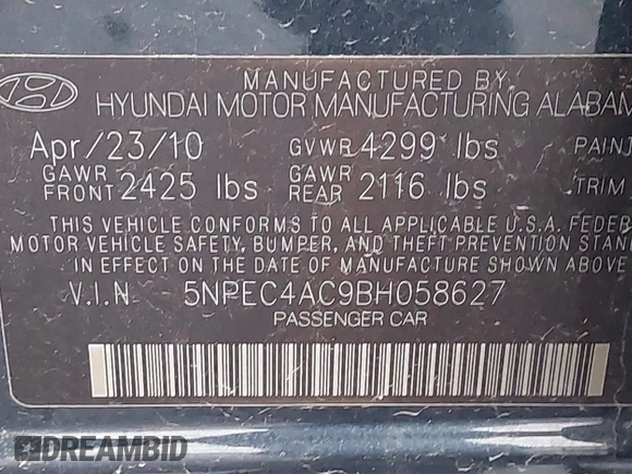2011 Hyundai Sonata Limited with VIN 5NPEC4AC9BH058627, listed as a IAAI auction lot 41944846 with 111,251 mi miles and . Bid and sale history available at DreamBid. Image 9.