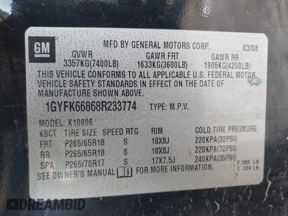 2008 Cadillac Escalade ESV z VIN 1GYFK66868R233774, wystawiony jako IAAI lot #41558263 z przebiegiem Nie podano mil oraz . Historia ofert i sprzedaży dostępna na DreamBid. Obrazek 9.