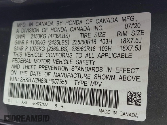 2020 Honda CR-V EX-L with VIN 2HKRW2H83LH657555, listed as a IAAI auction lot 41196599 with 19,293 mi miles. Bid and sale history available at carsss.com. Image 9.