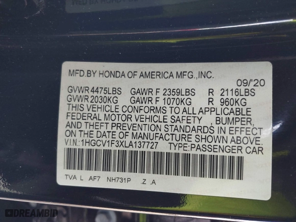 2020 Honda Accord Sedan Sport with VIN 1HGCV1F3XLA137727, listed as a IAAI auction lot 41667589 with 41,412 mi miles. Bid and sale history available at carsss.com. Image 9.