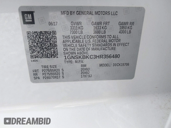 2017 Chevrolet Tahoe LT with VIN 1GNSKBKC3HR356480, listed as a IAAI auction lot 42335162 with 145,892 mi miles and . Bid and sale history available at DreamBid. Image 9.