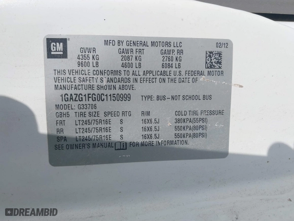 2012 Chevrolet Express Passenger 1LT with VIN 1GAZG1FG0C1150999, listed as a IAAI auction lot 41475070 with 334,911 mi miles. Bid and sale history available at carsss.com. Image 9.