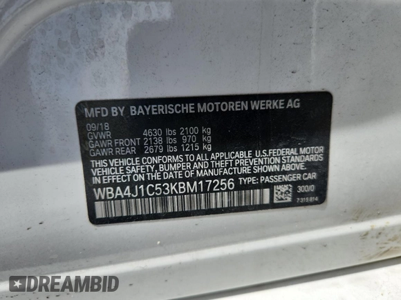 2019 BMW 4 Series 430i z VIN WBA4J1C53KBM17256, wystawiony jako Copart lot #58202195 z przebiegiem 69 442 mil mil oraz Szkoda całkowita • Salvage title. Historia ofert i sprzedaży dostępna na DreamBid. Obrazek 13.