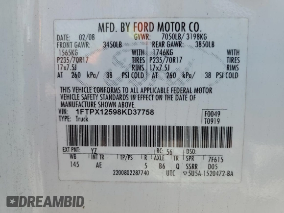2008 Ford F-150 XL with VIN 1FTPX12598KD37758, listed as a Copart auction lot 62868375 with 307,603 mi miles and Clean title. Bid and sale history available at DreamBid. Image 12.