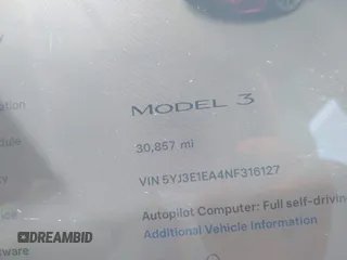 2022 Tesla Model 3 with VIN 5YJ3E1EA4NF316127, listed as a IAAI auction lot 41939191 with 30,857 mi miles. Bid and sale history available at carsss.com. Image 7.