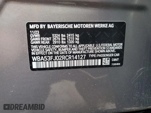 2024 BMW 5 Series 530i xDrive with VIN WBA53FJ02RCR14127, listed as a Copart auction lot 52926874 with 0 mi miles and Salvage Title. Bid and sale history available at carsss.com. Image 12.
