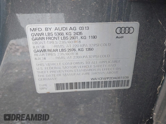 2013 Audi Q5 Premium with VIN WA1CFAFP2DA081938, listed as a IAAI auction lot 42088589 with 136,173 mi miles. Bid and sale history available at carsss.com. Image 9.