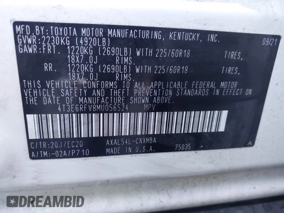 2021 Toyota RAV4 Hybrid XSE with VIN 4T3E6RFV8MU056524, listed as a IAAI auction lot 41788452 with 56,751 mi miles. Bid and sale history available at carsss.com. Image 9.