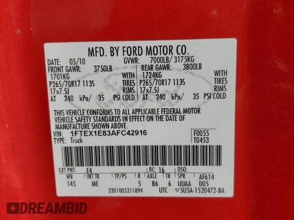 2010 Ford F-150 XL with VIN 1FTEX1E83AFC42916, listed as a Copart auction lot 77590834 with 126,213 mi miles and Salvage Title. Bid and sale history available at carsss.com. Image 12.