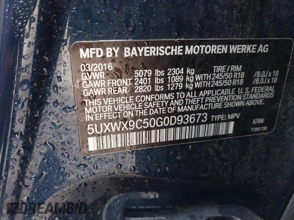 2016 BMW X3 xDrive28i with VIN 5UXWX9C50G0D93673, listed as a IAAI auction lot 42002663 with 79,913 mi miles and . Bid and sale history available at DreamBid. Image 9.