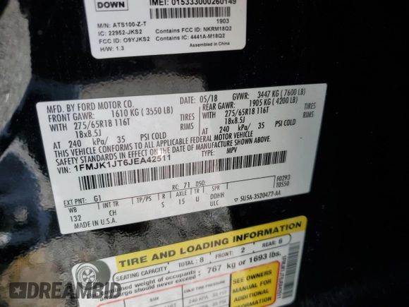 2018 Ford Expedition Max XLT z VIN 1FMJK1JT6JEA42511, wystawiony jako Copart lot #55395305 z przebiegiem 106 907 mil mil oraz Szkoda całkowita • Salvage title. Historia ofert i sprzedaży dostępna na DreamBid. Obrazek 14.