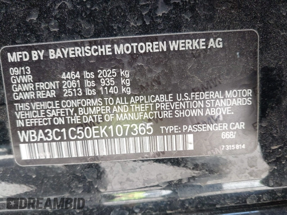 2014 BMW 3 Series 328i with VIN WBA3C1C50EK107365, listed as a IAAI auction lot 41959537 with 161,749 mi miles. Bid and sale history available at carsss.com. Image 9.