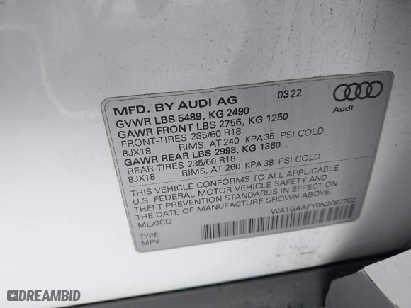 2022 Audi Q5 S line Premium with VIN WA1GAAFY8N2087702, listed as a IAAI auction lot 41432557 with 22,922 mi miles. Bid and sale history available at carsss.com. Image 9.