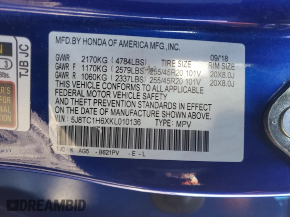 2019 Acura RDX w/A-Spec Pkg z VIN 5J8TC1H6XKL010136, wystawiony jako Copart lot #72316514 z przebiegiem Nie podano mil oraz Szkoda całkowita • Salvage title. Historia ofert i sprzedaży dostępna na DreamBid. Obrazek 13.