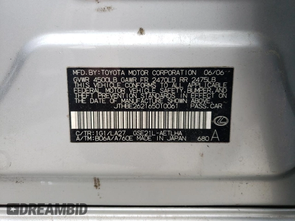 2006 Lexus IS 350 z VIN JTHBE262165010061, wystawiony jako Copart lot #54209435 z przebiegiem 217 698 mil mil oraz Szkoda całkowita • Salvage title. Historia ofert i sprzedaży dostępna na DreamBid. Obrazek 12.