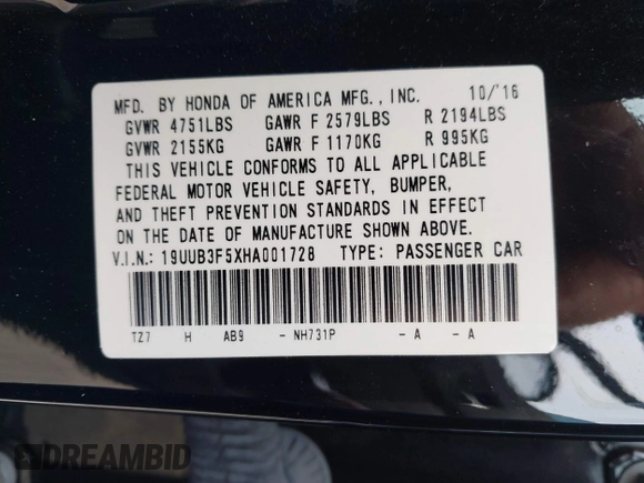 2017 Acura TLX V6 w/Technology Pkg with VIN 19UUB3F5XHA001728, listed as a IAAI auction lot 41688662 with 1 mi miles. Bid and sale history available at carsss.com. Image 9.