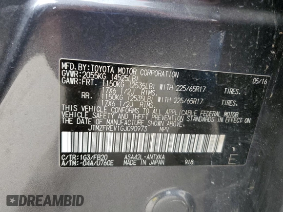 2016 Toyota RAV4 LE with VIN JTMZFREV1GJ090973, listed as a Copart auction lot 54513225 with Not Provided miles and Salvage Title. Bid and sale history available at DreamBid. Image 13.