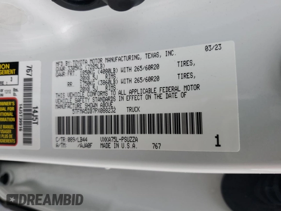 2023 Toyota Tundra 1794 Edition with VIN 5TFMA5DB7PX088232, listed as a Copart auction lot 52026975 with 23,776 mi miles and Salvage title. Bid and sale history available at DreamBid. Image 12.