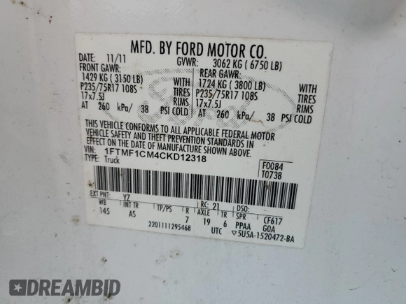 2012 Ford F-150 XL with VIN 1FTMF1CM4CKD12318, listed as a Copart auction lot 51497615 with Not provided miles and Salvage title. Bid and sale history available at DreamBid. Image 14.