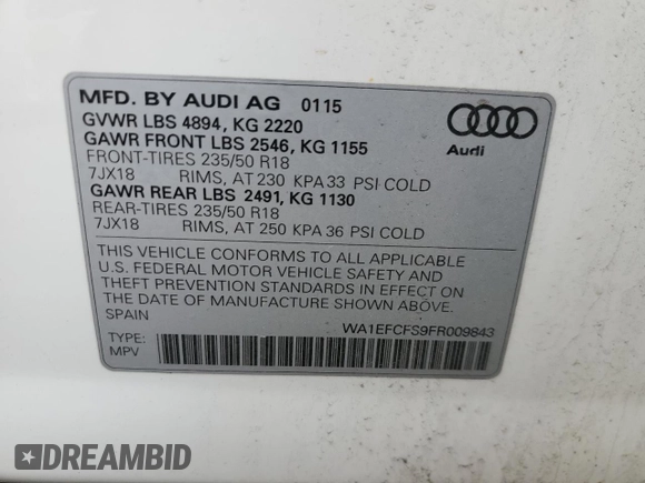 2015 Audi Q3 2.0T Premium Plus with VIN WA1EFCFS9FR009843, listed as a Copart auction lot 51218455 with 118,381 mi miles and Salvage Title. Bid and sale history available at carsss.com. Image 12.