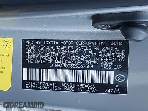 2005 Lexus ES 330 with VIN JTHBA30G355067558, listed as a IAAI auction lot 41273706 with 202,361 mi miles. Bid and sale history available at carsss.com. Image 9.