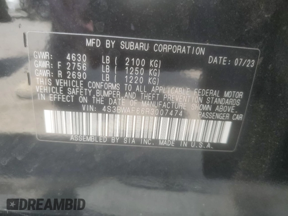 2024 Subaru Legacy Premium z VIN 4S3BWAF66R3007474, wystawiony jako Copart lot #55567915 z przebiegiem 25 978 mil mil oraz Szkoda całkowita • Salvage title. Historia ofert i sprzedaży dostępna na DreamBid. Obrazek 12.