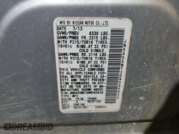 2013 Nissan Rogue S with VIN JN8AS5MT3DW545634, listed as a Copart auction lot 50630865 with 148,198 mi miles and Salvage Title. Bid and sale history available at DreamBid. Image 13.