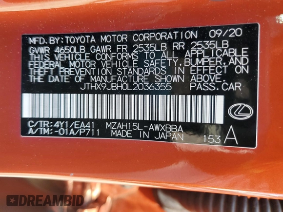 2020 Lexus UX 250h with VIN JTHX9JBH0L2036355, listed as a Copart auction lot 55533685 with 36,938 mi miles and Salvage title. Bid and sale history available at DreamBid. Image 12.