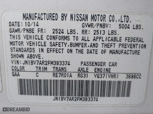 2015 Infiniti Q50 with VIN JN1BV7AR2FM393374, listed as a IAAI auction lot 41100516 with 96,962 mi miles. Bid and sale history available at carsss.com. Image 9.