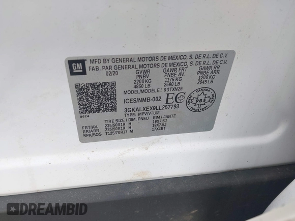 2020 GMC Terrain Denali with VIN 3GKALXEX9LL257793, listed as a IAAI auction lot 41410893 with 55,425 mi miles and . Bid and sale history available at DreamBid. Image 9.