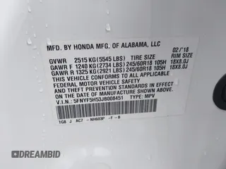 2018 Honda Pilot EX-L with VIN 5FNYF5H53JB008451, listed as a IAAI auction lot 41589526 with 69,694 mi miles. Bid and sale history available at carsss.com. Image 9.