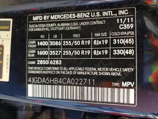 2012 Mercedes-Benz M 350 with VIN 4JGDA5HB4CA022711, listed as a Copart auction lot 56495635 with 99,461 mi miles and Salvage title. Bid and sale history available at DreamBid. Image 13.