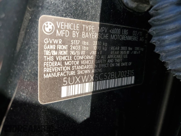 2011 BMW X3 28i with VIN 5UXWX5C52BL702315, listed as a Copart auction lot 56201125 with 137,941 mi miles and Clean Title. Bid and sale history available at DreamBid. Image 12.