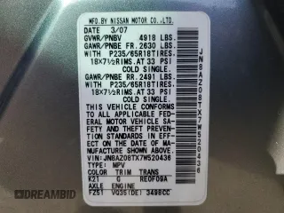 2007 Nissan Murano SL with VIN JN8AZ08TX7W520436, listed as a Copart auction lot 85759104 with 124,874 mi miles and Salvage Title. Bid and sale history available at DreamBid. Image 14.