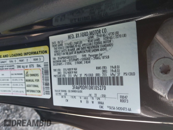 2013 Ford Fusion Titanium with VIN 3FA6P0D91DR105270, listed as a IAAI auction lot 41769392 with 209,638 mi miles. Bid and sale history available at carsss.com. Image 9.