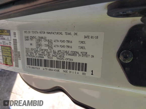 2018 Toyota Tacoma SR with VIN 5TFRX5GNXJX109804, listed as a IAAI auction lot 42055457 with 111,522 mi miles and . Bid and sale history available at DreamBid. Image 9.