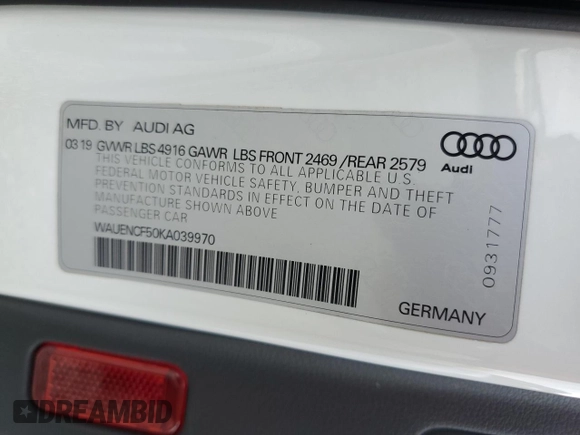 2019 Audi A5 Sportback Premium Plus with VIN WAUENCF50KA039970, listed as a Copart auction lot 68869113 with 30,718 mi miles. Bid and sale history available at carsss.com. Image 14.